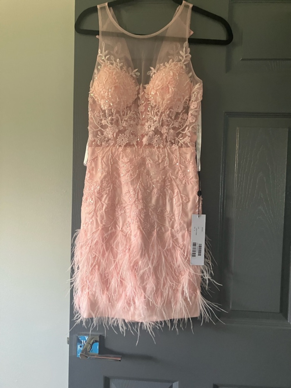 Jovani Blush Pink Embellished Mesh Mini Dress with Feather Hem